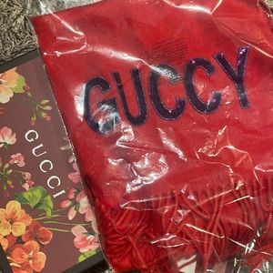 NWT red Gucci Cashmere & Silk Scarf with purple sequins